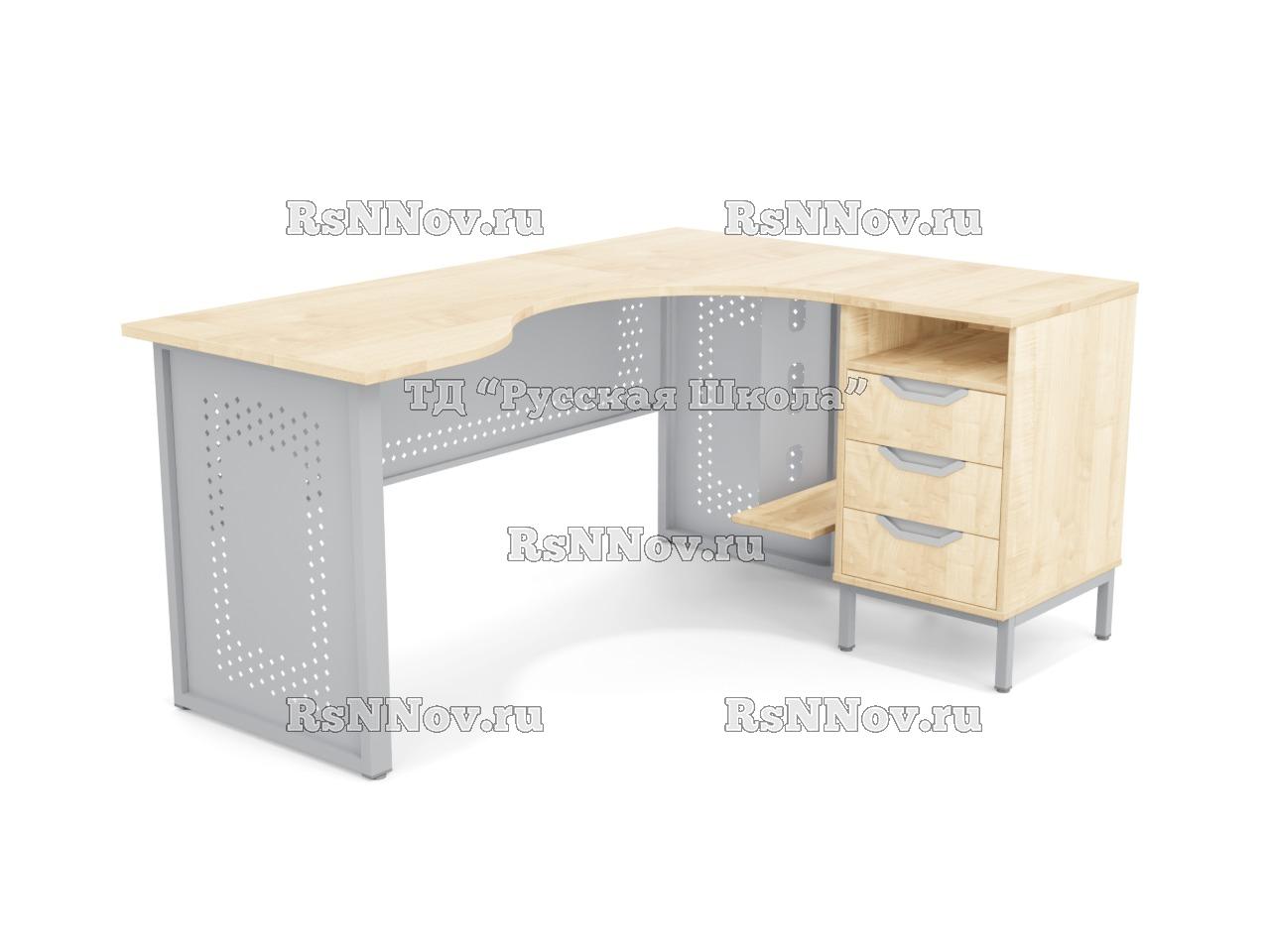 Стол угловой ЛОФТ с подвесом для системного блока с перфорацией на мк., в комплекте с приставной тумбой, с 2 боковыми экранами (мк. Серый, ст. Клён)