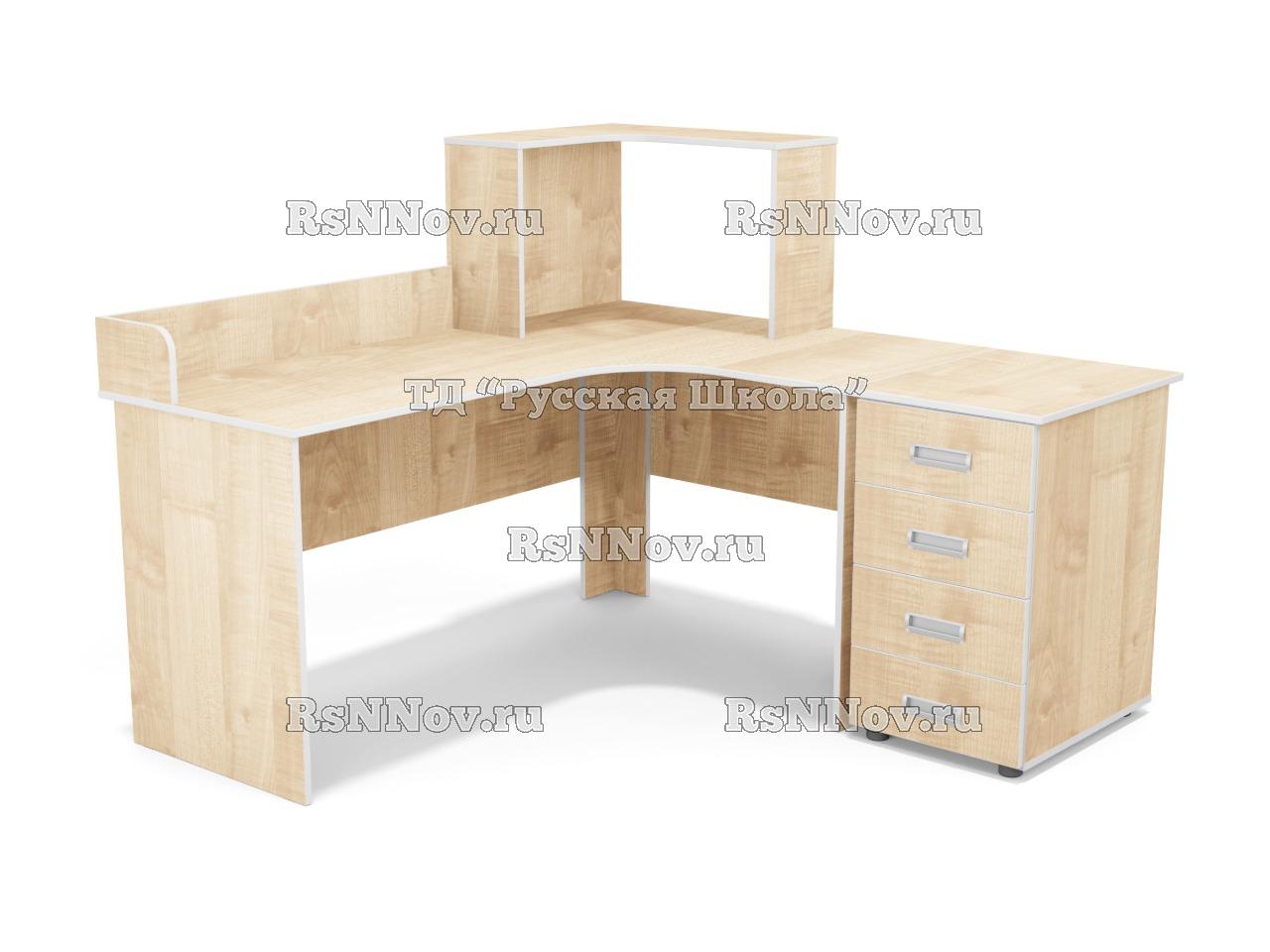 Стол угловой с бортиком и надстройкой, с приставной тумбой 4 ящика (ст. Клён, кр. Белая)