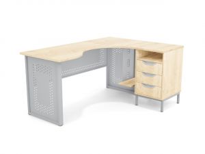 Стол угловой ЛОФТ с подвесом для системного блока с перфорацией на мк., в комплекте с приставной тумбой, с 2 боковыми экранами (мк. Серый, ст. Клён)