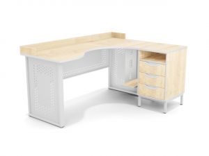 Стол угловой ЛОФТ с бортом, с подвесом для системного блока и приставной тумбой, с перфорацией, с 2 боковыми экранами (мк. Светло-серый, ст. Клён)